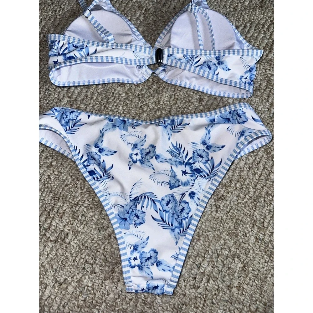 Women's Blue White Floral 2-Piece Bikini Bralette High-Waisted Stretch Small EUC